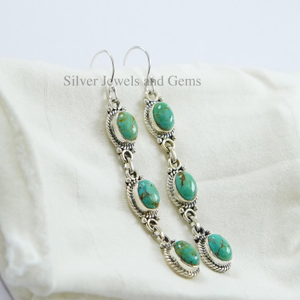 Kingman Turquoise Sterling Silver Dangle Earrings, Handmade Long Jewelry