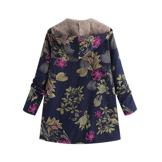 Winter Fashion Floral Leaf Print Fleece Lining Women Long Sleeve Hooded Coat