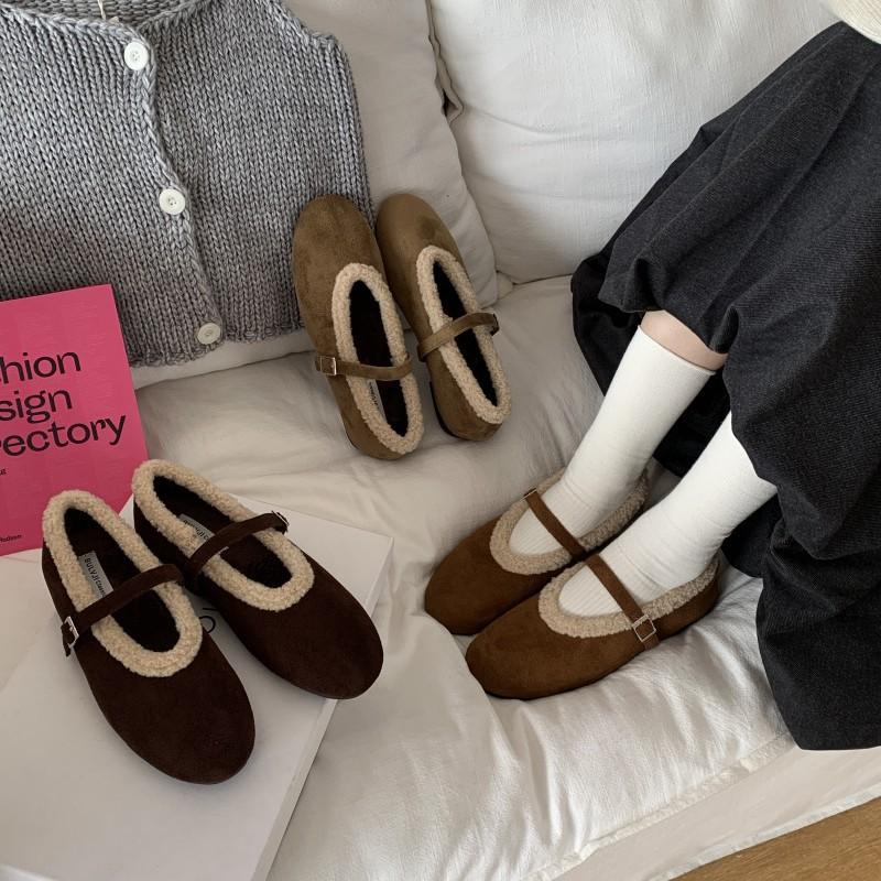 High-end quality 2025 autumn and winter new round head with Mary Jane shoes versatile flat-bottomed plush warm fluffy shoes