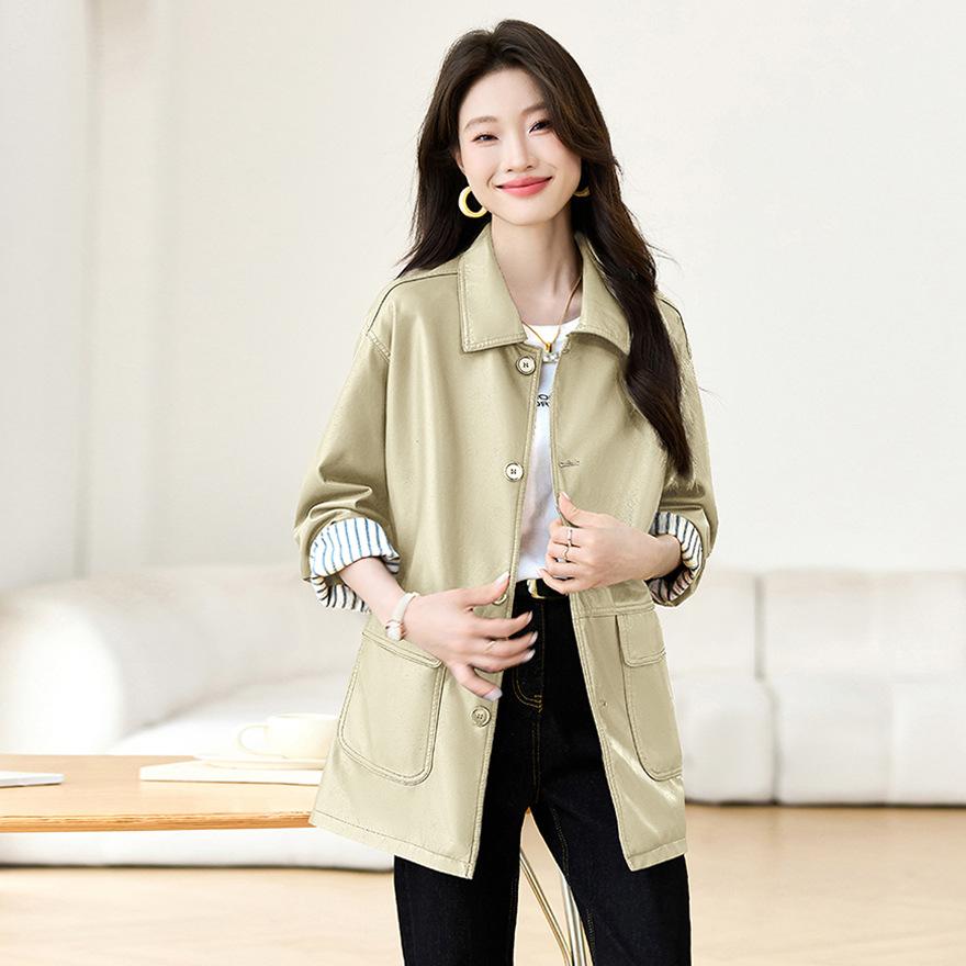Coffee Lapel Leather Jacket Women's Spring New Fashion Jacket