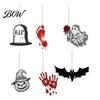Creepy Hanging Decorations 6Pcs Halloween Wooden Decoration, Ghost Pumpkin Eyeball Holiday Decoration Ornament with Rope, Spooky Party