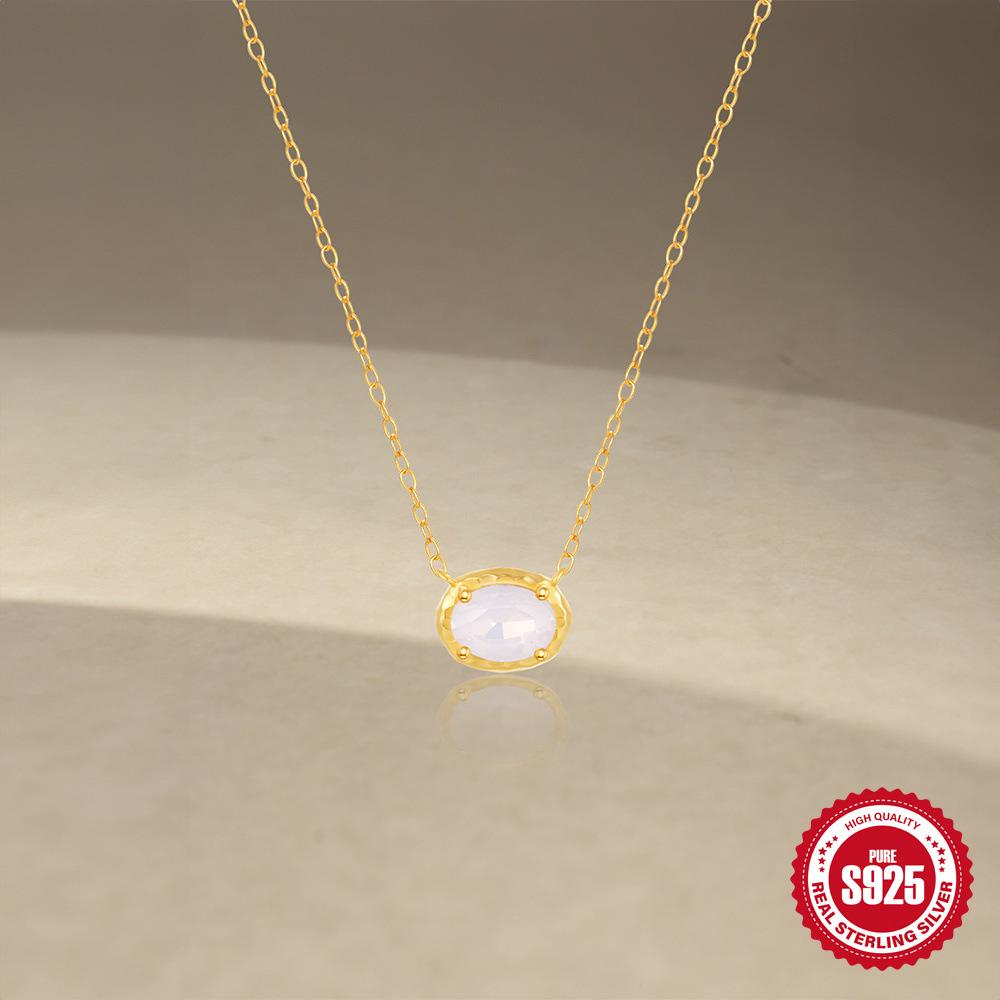 Wind Commuter Simple Wear S925 Sterling Silver Textured Powder Opal Geometric Necklace Clavicle Chain