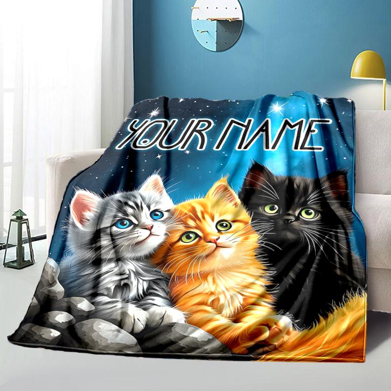 1PC Custom Name Space Kittens Adventure flannel blanket versatile,all-season throw suitable for the living room,bedroom,camping,travel,and gift