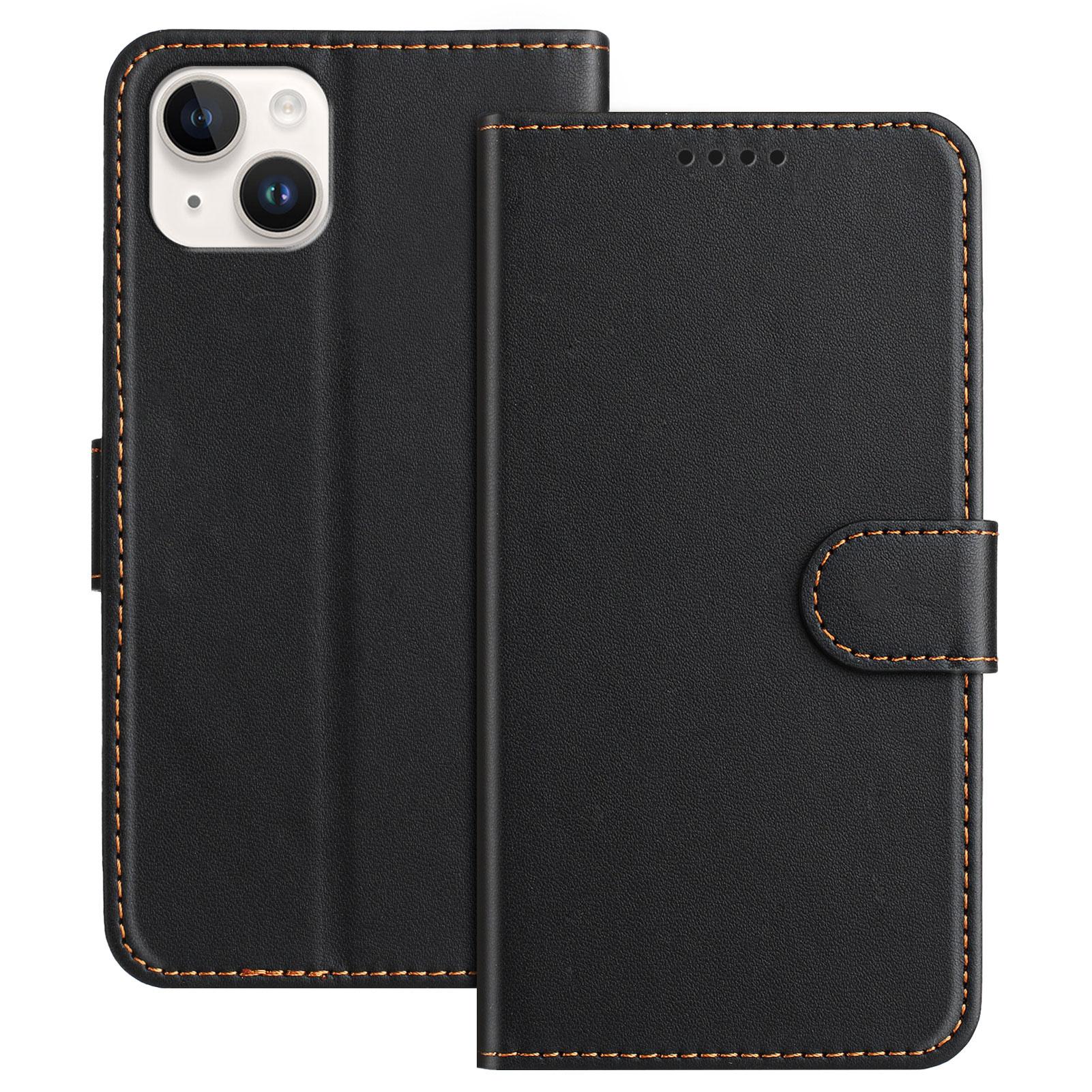 

For iPhone 14 Plus Leather Case Wallet Stand Solid Color Anti Drop Phone Cover Black