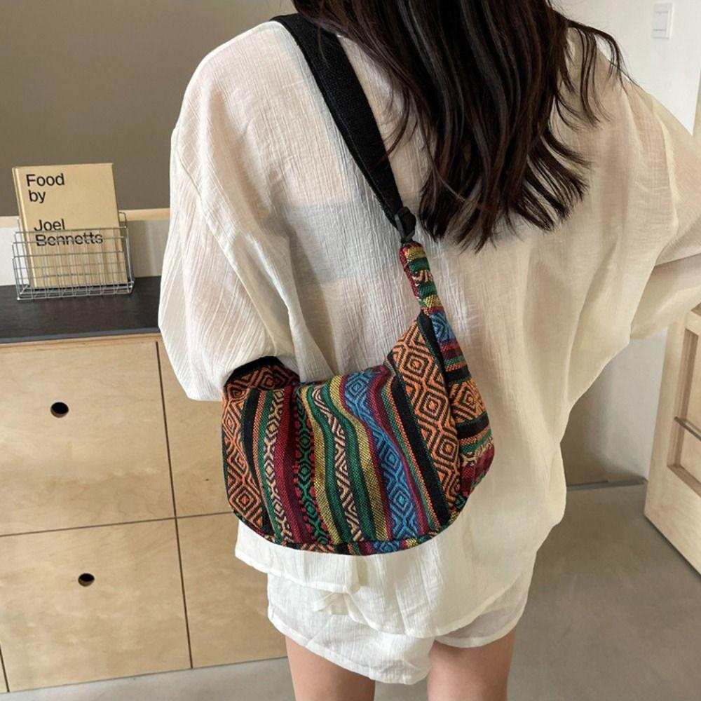 Large Capacity Ethnic Fringe Crossbody Bag Embroidery Colorful Bohemian Shoulder Bag Geometric Handbag Weave Folk Messenger Bag