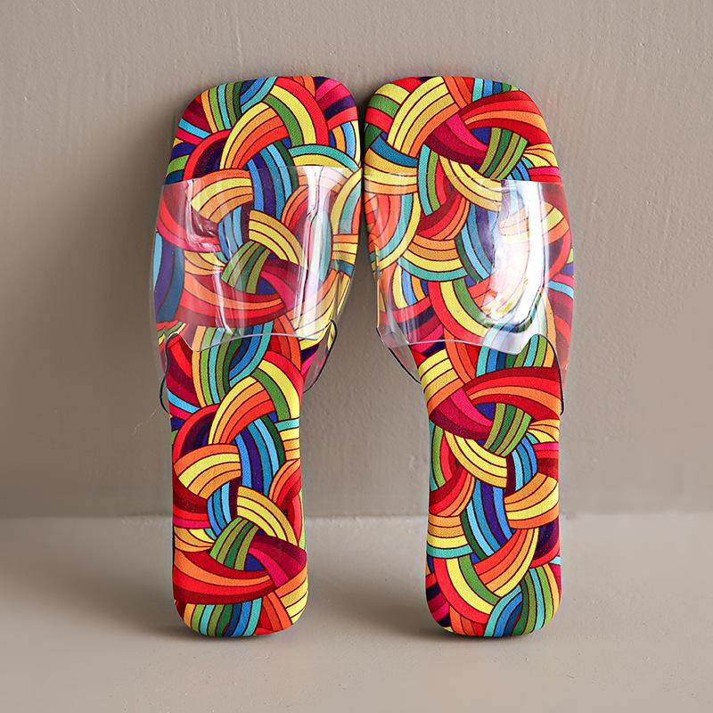 Large Size Color Matching Summer New Square Head Flat Bottom Fashion Casual Wear One-character Sandals Women