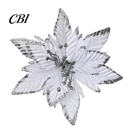 Velvet Poinsettia Decorations Artificial Flowers, Handmade Bead Cluster Christmas with Gold Glitter Fabric Decorative Flower Picks Petals, Reusable