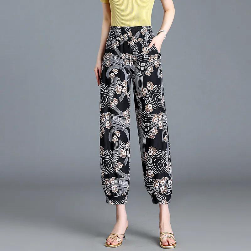 

WTEMPO Large Size Elastic High Waist Loose Cropped Pants Thin Printed Women s Spring Summer Ice Silk Long Wide Leg Pants One Size