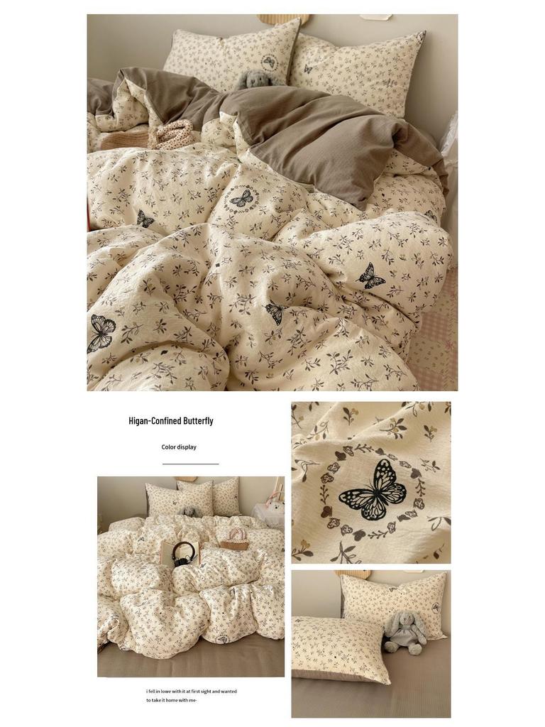 Floral Soft Cloud-Feel Double-Layer Gauze Bedding Set: Machine Washable, Small Student Dormitory Size, 3-Piece