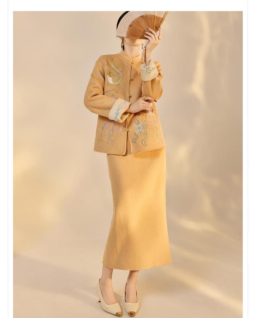 Embroidery Merino Wool Two-Color Double-Sided Coat and Skirt Set in New Chinese Style
