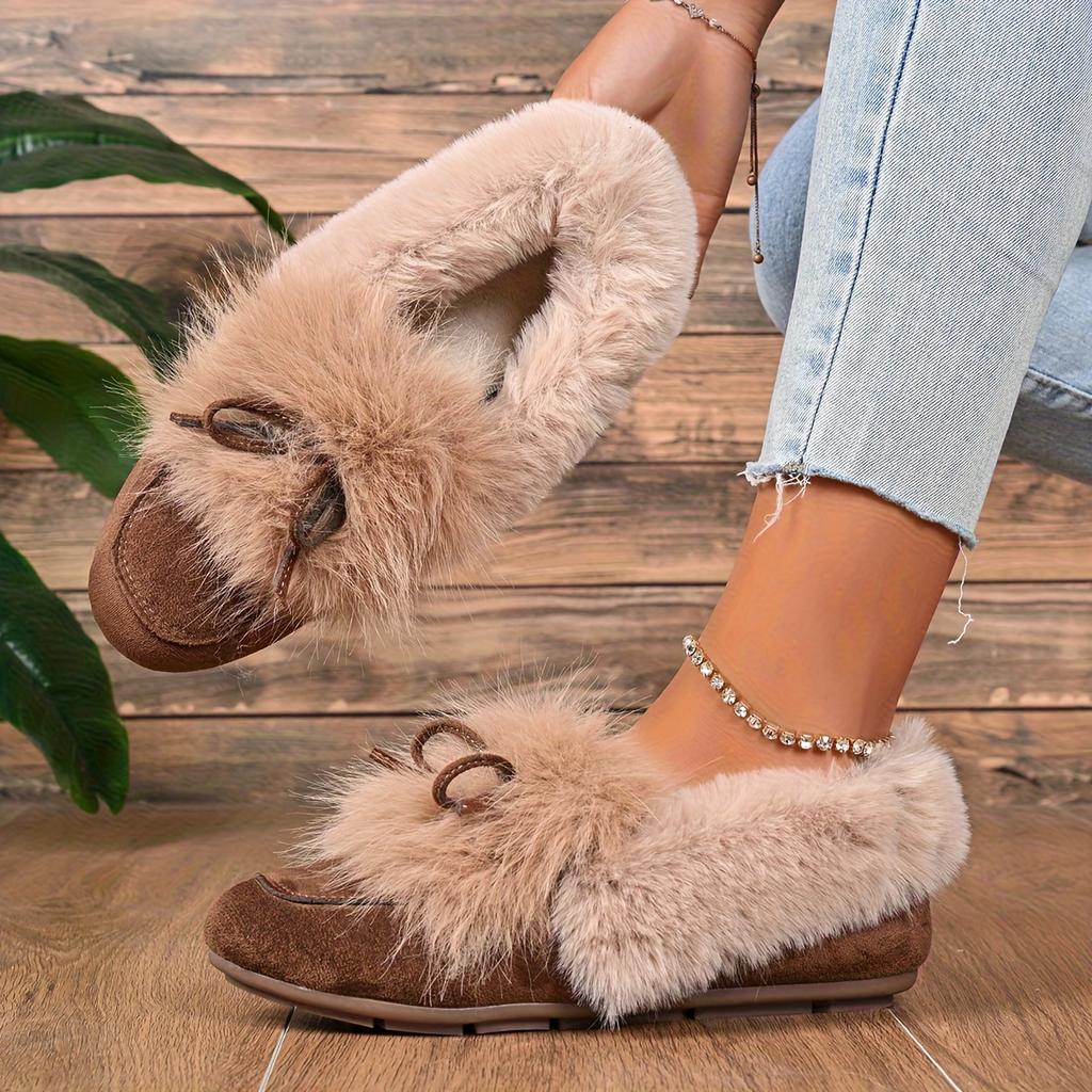 Women's Plush Slip-On Slippers with Bow - Winter Indoor/Outdoor House Shoes, Soft Cushioned TPR Sole & Plush, Cozy Non-Skid Footwear