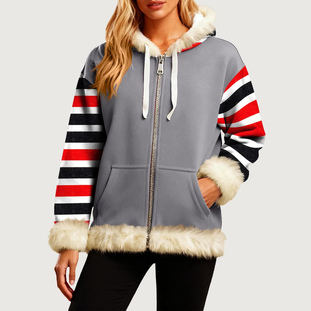 Damen Bequeme Lockere Mode Lässig Gestreifter Druck Langarm Taschen Kapuzenpullover Jacke