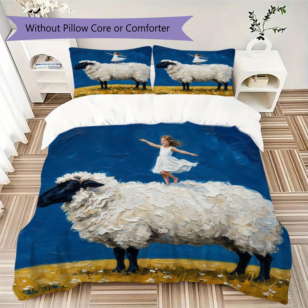 Rural Story Sheep Pattern Bedding Uilt Set Uilt Cover Pillowcase Home Decoration Birthday Gift (1 * Duvet Cover + 2 * Pillowcase Without Core)