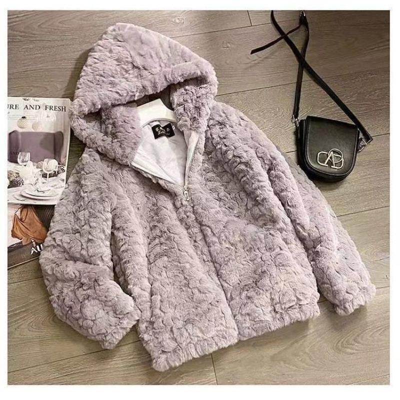 

Новый утолщенный искусственный кролик Рекс плюшевый с капюшоном короткий студенческий молочный жужжащий овечий мех милый повседневный искусственный мех S 50 kg