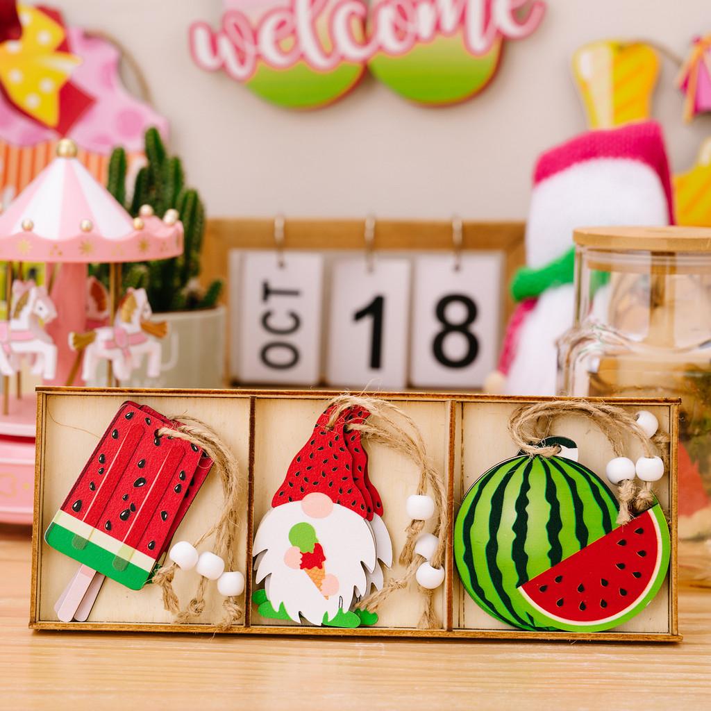 

Whimsical Three Watermelon Compartment Wooden Hanging Accessory For Seasonal Use Watermelon A