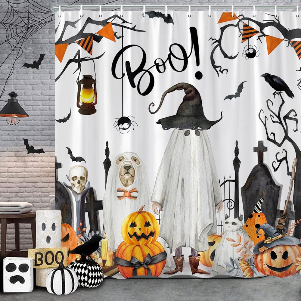 Funny Cat Halloween Shower Curtain Pumpkin Spider Animal Holiday Gift Polyester Curtains Bathroom Decor Hooks For Made Of