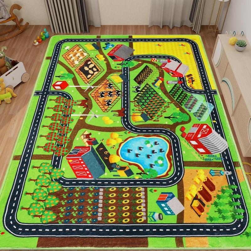 Kids' Farm Play Rug Colorful Animal Farmhouse Pattern Living Room Carpet Soft Non-Slip Road Traffic Mat for Playroom Living Room