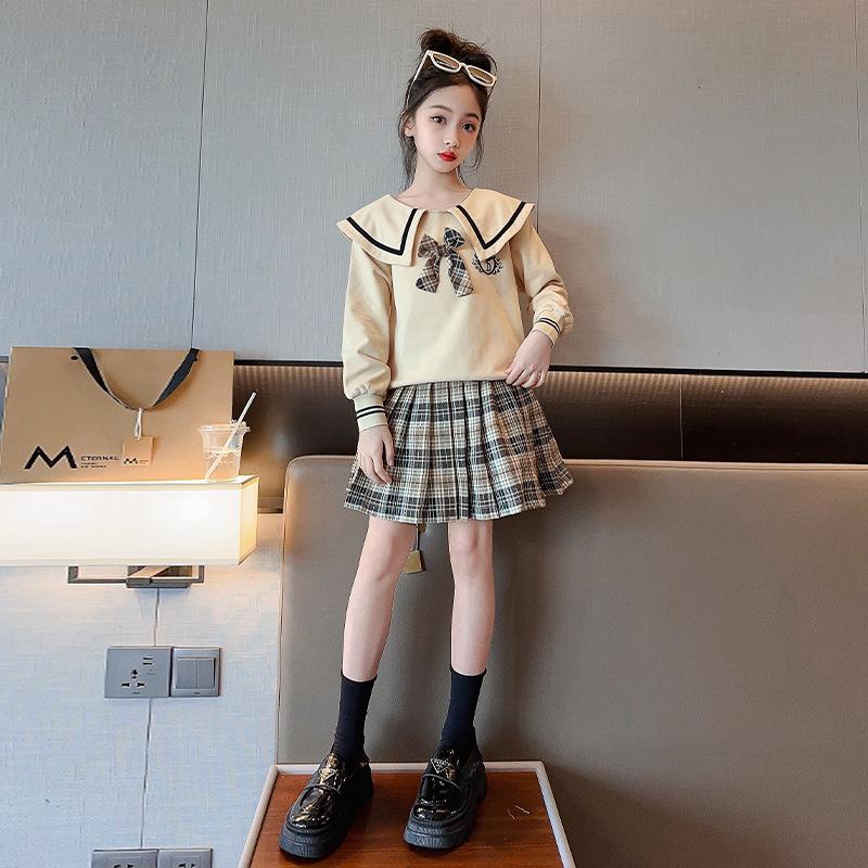 Zimní oblečení pro dospívající dívky Námořnický límec Pletený svetr a kostkované plisé Souprava sukní Dětský horní a spodní díl 2 kusy oblečení