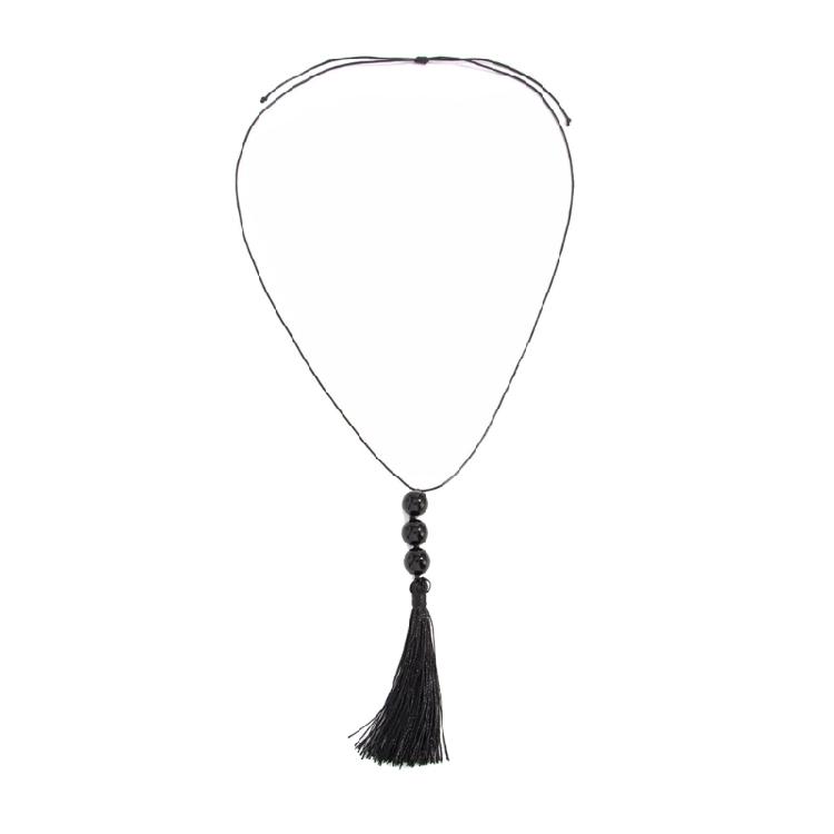 Versatile Black Beaded Pendant Necklace With Movable Fringe And Length For Women And Girls