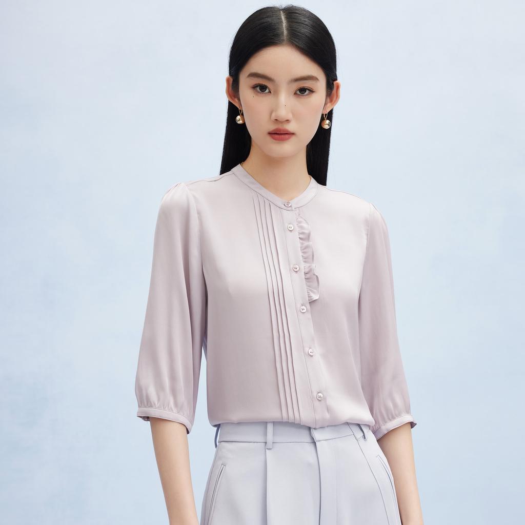 Spring and Summer New Style with Mushroom Edge Design Commuting Mulberry Silk Five Sleeve Shirt for Women