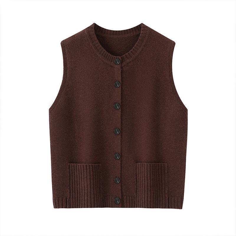 Damen Strickweste aus reiner Wolle - Rundhals-Cardigan mit Taschen für Herbst/Winter zum Schichten