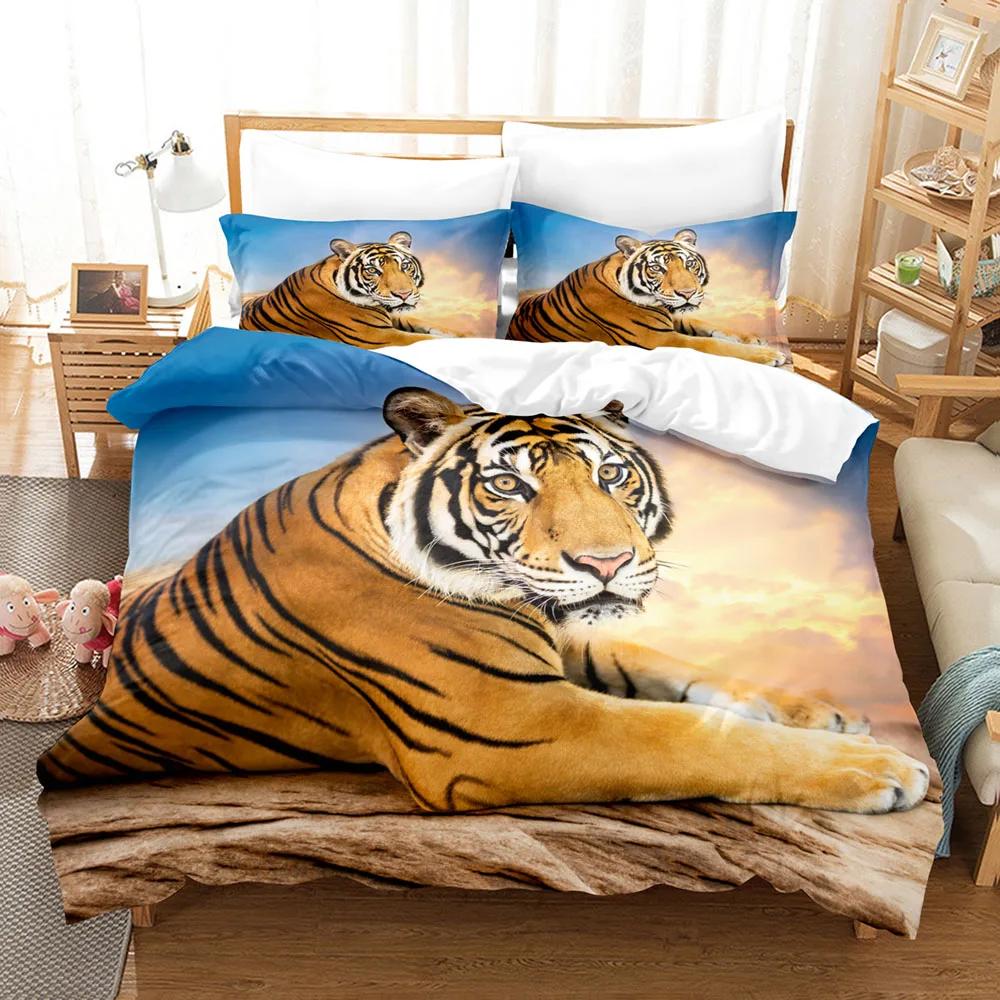 

3D Tiger Leopard Pattern Bedding Set Ties Wild Animal King of The Jungle Theme Duvet Cover for Boys Teens Gifts Full Size EU Twin 135x200cm