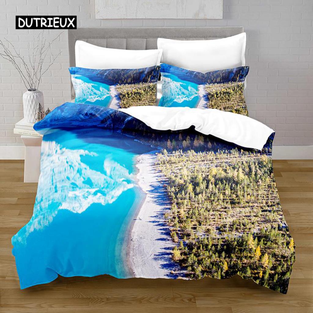Lake Duvet Cover Set Lake Mountain Peak Stone Pattern Quilt Cover For Teens Adults Natural Scenery Theme Microfiber Bedding Set