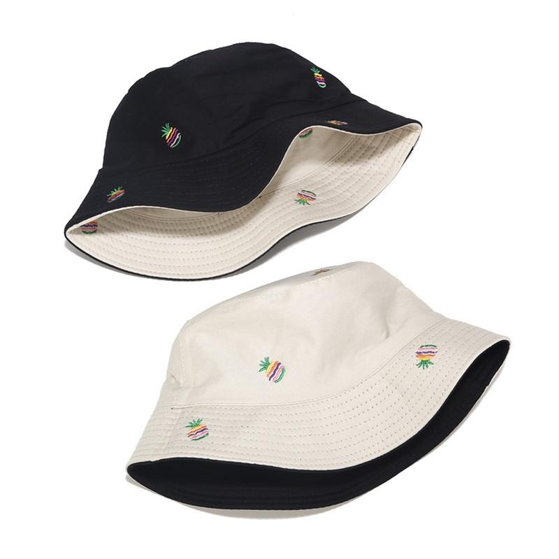New Pineapple Embroidery Bucket Hat Unisex Double-sided Fisherman Hats Men Women Outdoor Sun Visor Travel Pot Hats