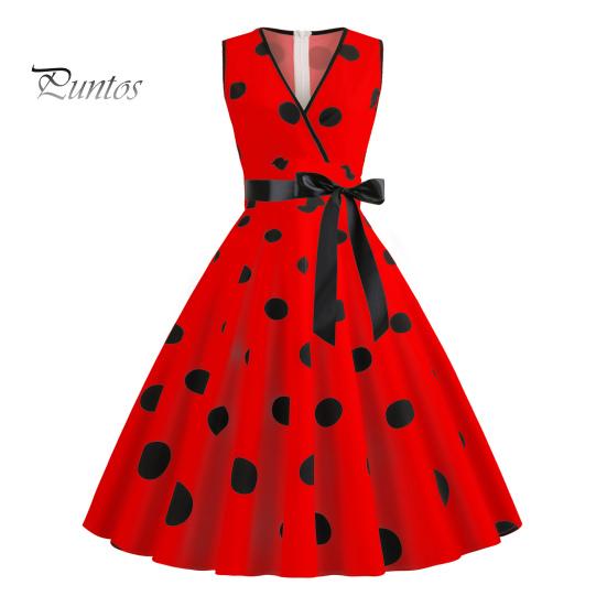 

Женское вечернее платье, винтажное контрастное цветное платье в горошек с бантом на талии, трапециевидной формы с большими качелями, тонкое платье без рукавов с открытой спиной и V-образным вырезом, платье миди в стиле принцессы S красный
