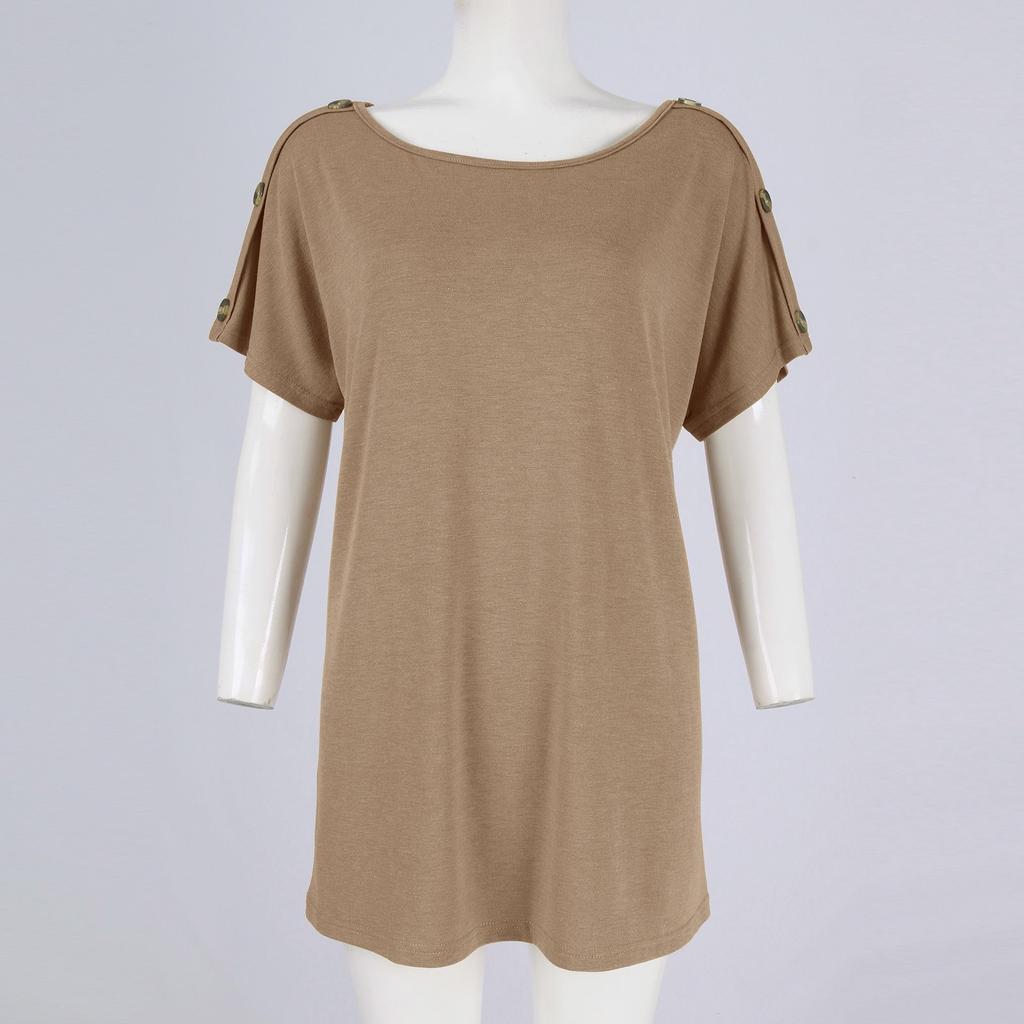 Women's Fashion New Round Neck Color Button Short Sleeve Top