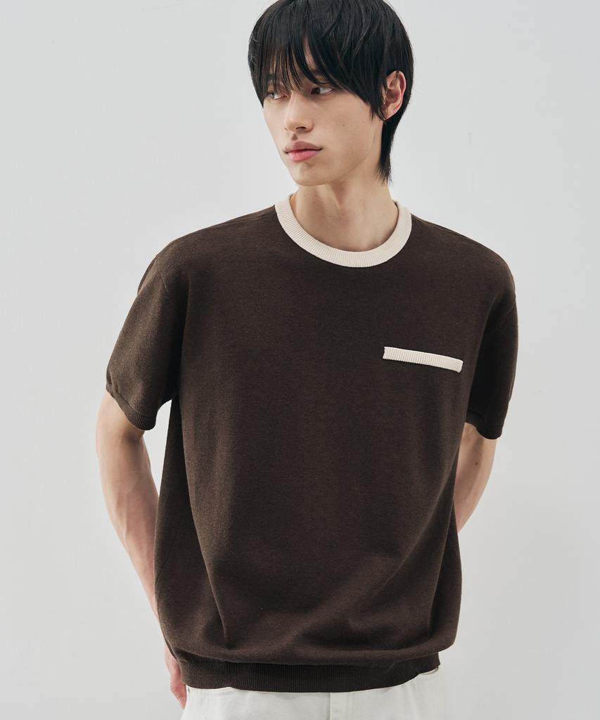 DRAW FIT Contrast Round Half Knit [Brown]