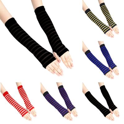 Women Fashion Punk Gothic Stripe Long Arm Warmer Fingerless Gloves
