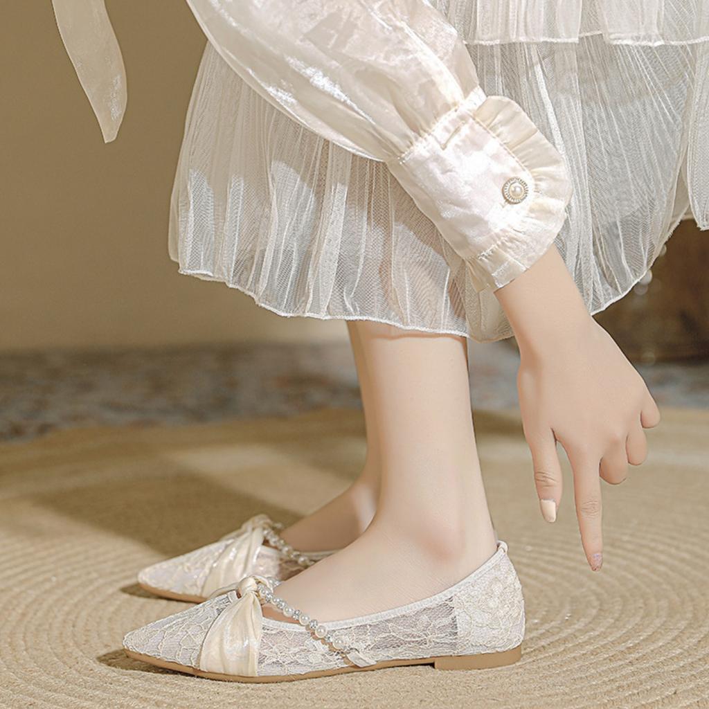 French Style Women's Flat Shoes, New Fairy Style Pearl Bridesmaid Single Shoes, Mesh Breathable and Gentle Sandals for Women