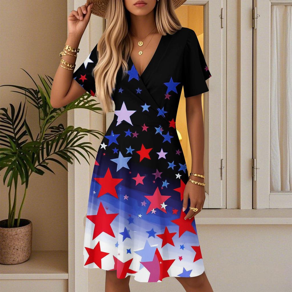 Women's Summer Fashion Independence Day Printed Dress Casual Beach A-line V-neck Loose Sundress