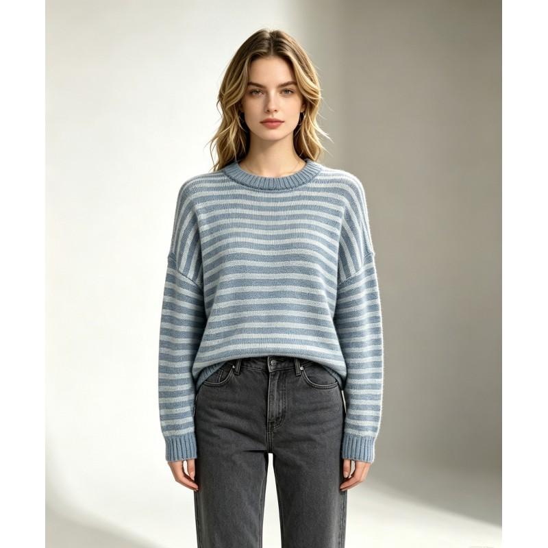 Womens Loose Fit Knit Sweater Long Sleeve Round Neck Striped Casual Pullover