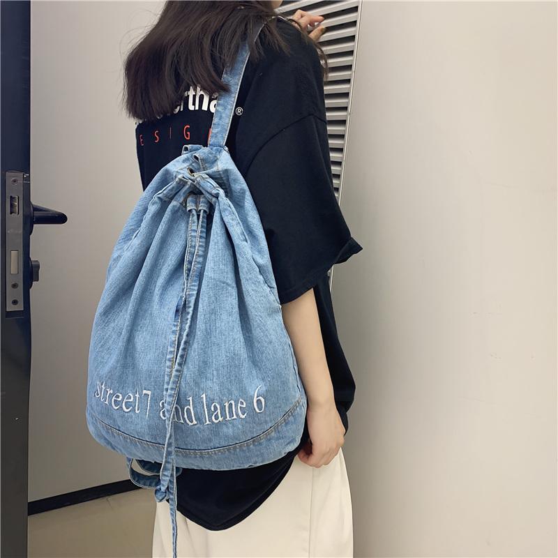 Denim Drawstring Backpack Women's Backpack Letter Embroidery Student Schoolbag