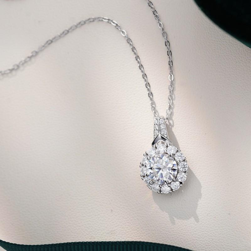 Sterling Moissanite Pendant Necklace Women 2ct Round Micro-Set Locket Chain Floral Design 21-50cm Adjustable