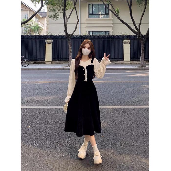 Fake Two-piece Dress Women's Early Spring New High-end Temperament Waist Small Slim and Thin Dress