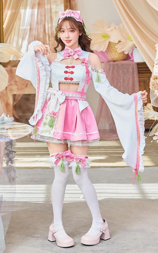 Cosplay Festival Hinamatsuri Dolls Pink White Ribbon Flare Sleeve Costume Disguise Marie Moon 8 Piece Set s10227 x [Malymoon] Doll's (White Pink)