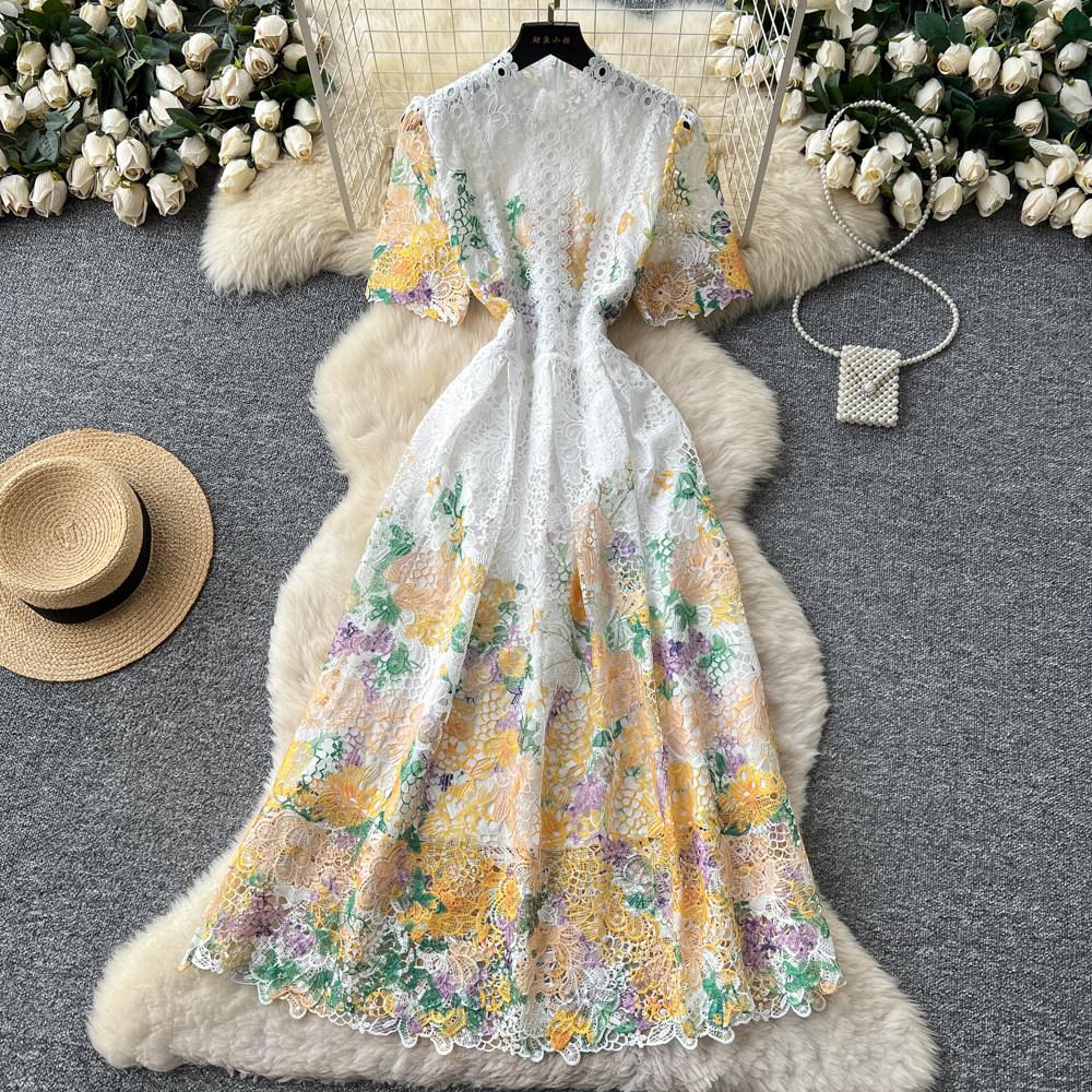 Summer Fashionable Short Sleeve Slimming Water Soluble Lace Dress Vintage Stand Collar Ruffles Splice Lace Mid-Length Dress