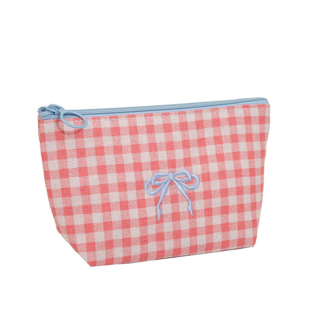 Large Plaid Makeup & Toiletry Bag with Bow Embroidery - Portable Handheld Storage & Student Pencil Case