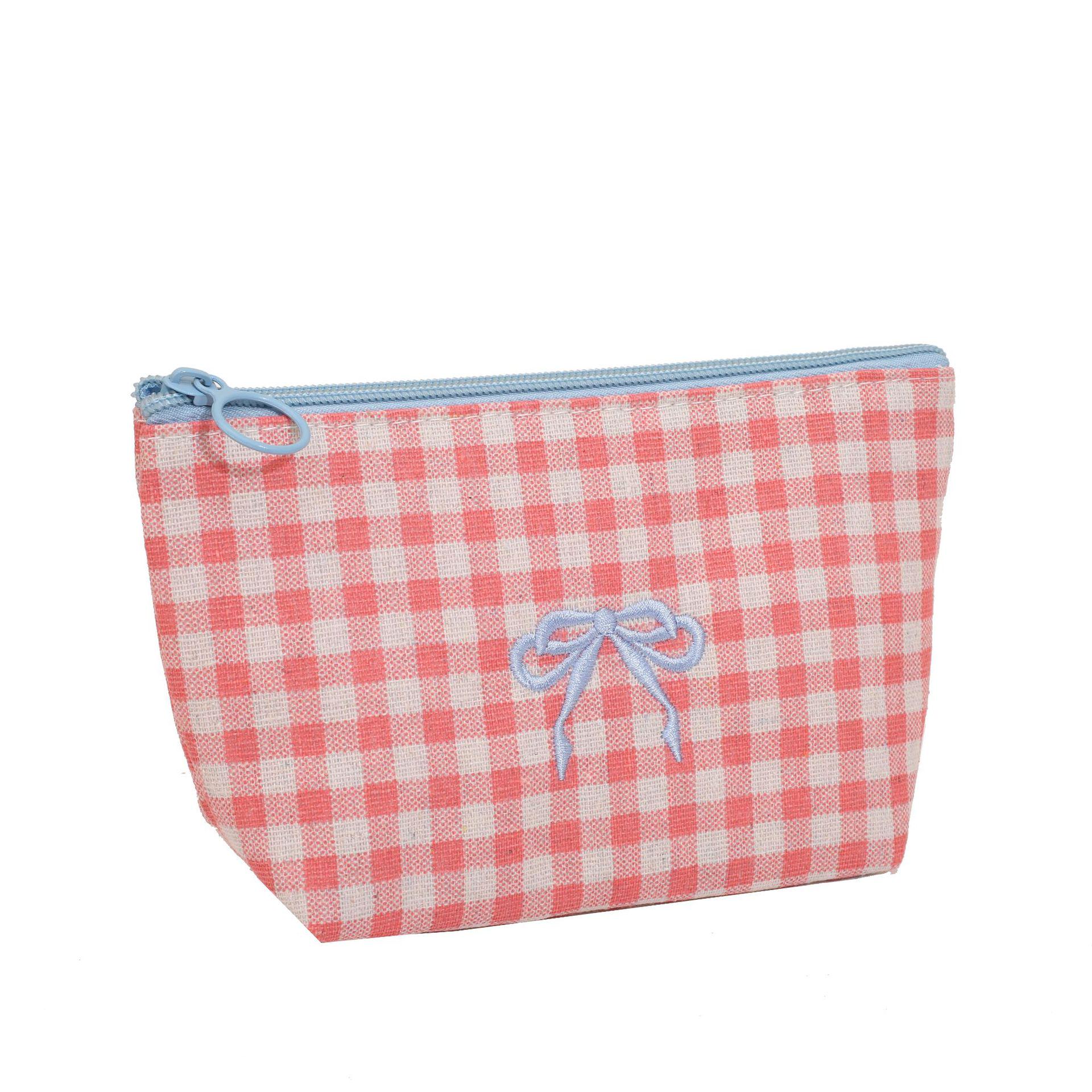 

Large Plaid Makeup & Toiletry Bag with Bow Embroidery - Portable Handheld Storage & Student Pencil Case
