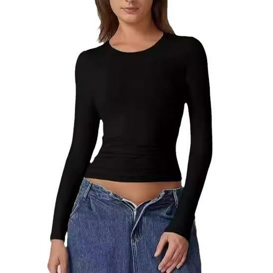 European & American Long Sleeve Round Neck Milk Silk Pullover Tops for Women