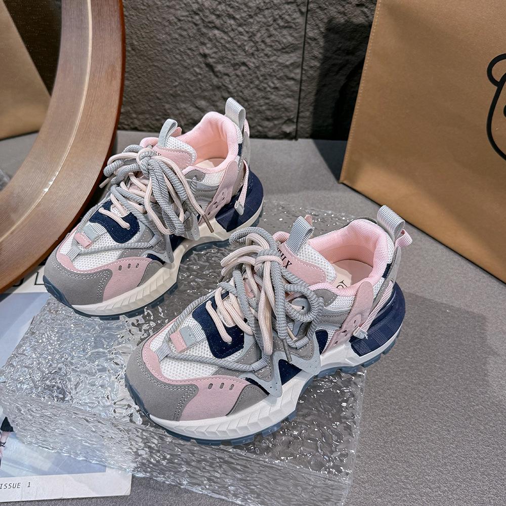 Damen klobige Sneaker Frühling Neu Atmungsaktives Mesh Mode Color Blocking Designerschuhe Trendig Vielseitig Freizeit Sportschuhe