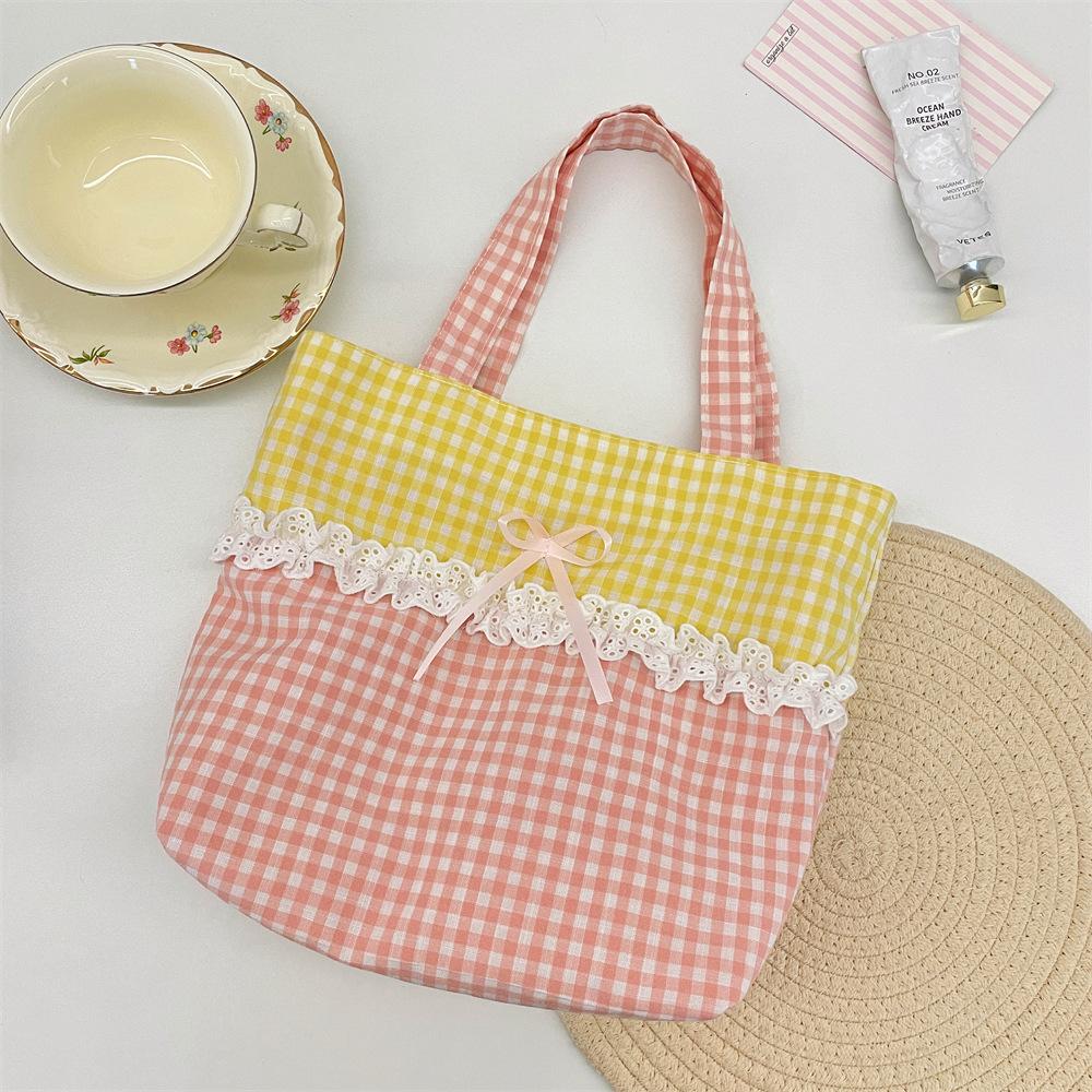 Sweet Bow Patchwork Lace Shopping Bags for Women Ctrast Color Plaid Ladies Bento Handbags Lightweight Portable Female Tote