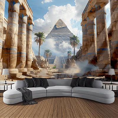 2D Retro Egyptian Tapestry, Pyramid and Hieroglyphics Wall Hanging for Living Room