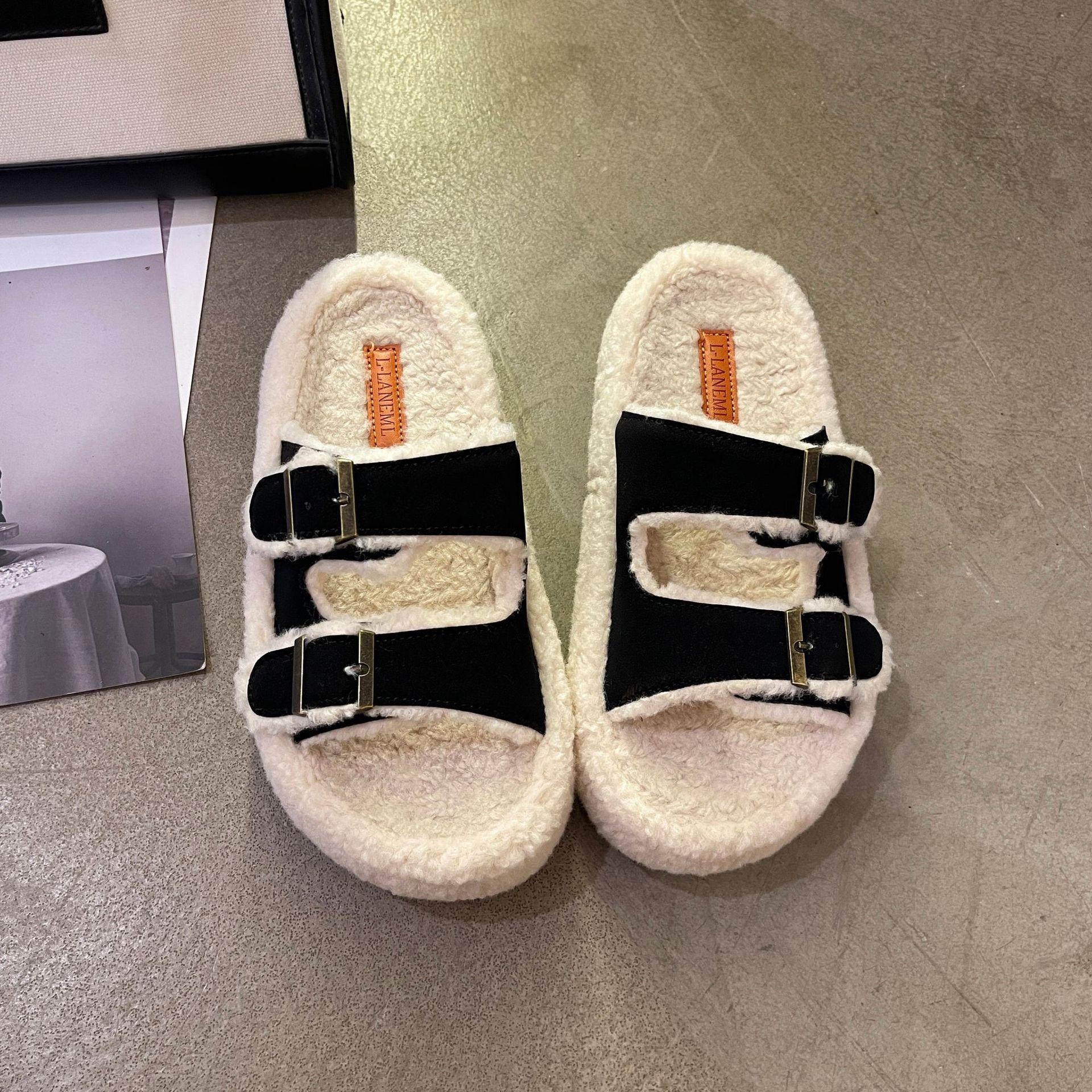 

Домашние хлопковые тапочки женские с двумя пряжками на ремне плюшевые тапочки женские роскошные шлепанцы пушистые шлепанцы дизайнерские плюшевые туфли на платформе 41 чёрный