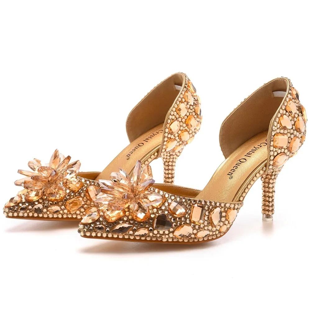 

Новые модные женские сандалии из искусственной кожи на тонком каблуке 7,5 см, без застежек, со стразами, повседневная женская обувь, золотистые женские сандалии для взрослых 34 золотой