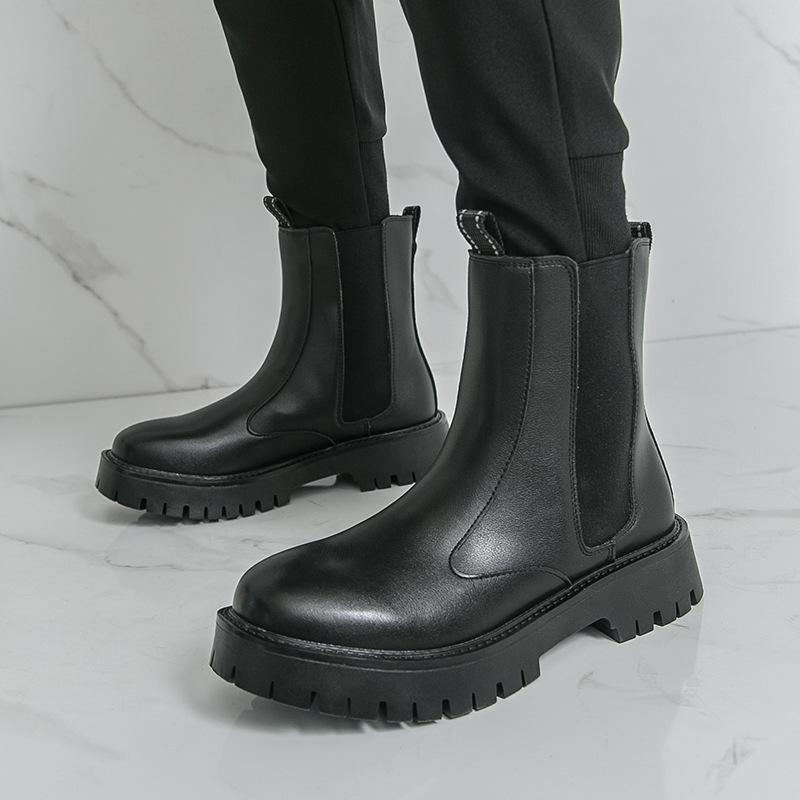 Large Size Chelsea Boots High Top Niu Leather British Wind Boots Thin Martin Boots Tide Spring and Autumn Boots