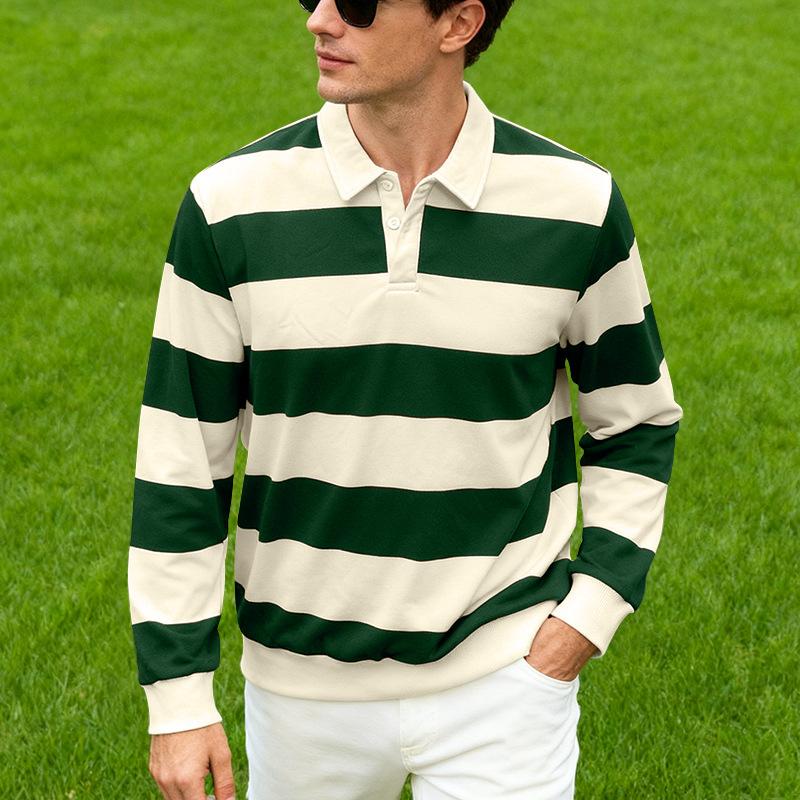 

New Men s Long-Sleeved Polo Shirt: Relaxed Fit, Lightweight, Mature-Style Striped Casual T-Shirt S